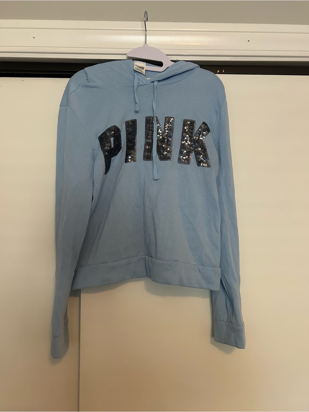 PINK Victoria's Secret Light Blue Sequin Logo Hoodie